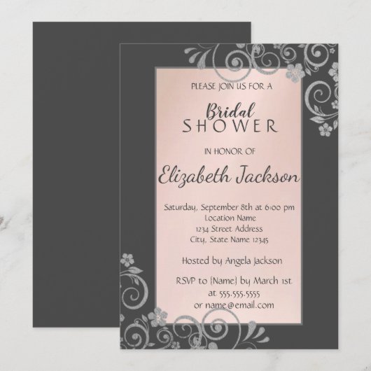 Invitation Élégant Chic Fleurs Argentées Mariage (Devant / Derrière)