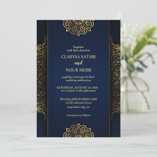 Invitation Élégant chic fleurs d'or bleu motif mariage (Debout devant)