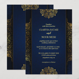 Invitation Élégant chic fleurs d'or bleu motif mariage