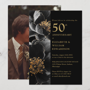 Invitation Élégant Chic Floral Noir et Or pour les 50 Ans Pho