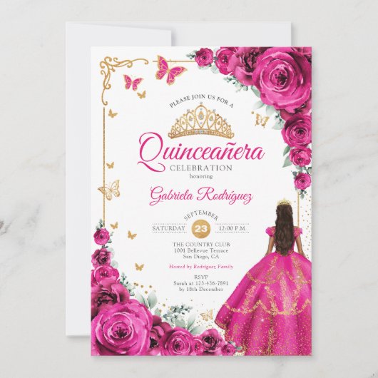 Invitation Élégant Chic Fuchsia Roses Roses Rose Or Quinceane (Devant)