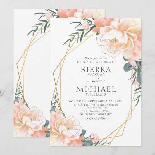 Invitation Élégant Chic Gold Blush Peach Mariage floral crème (Devant / Derrière)