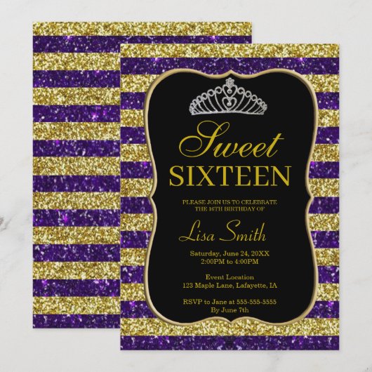 Invitation Elégant Chic Gold Purple Parties scintillant Tiara (Devant / Derrière)