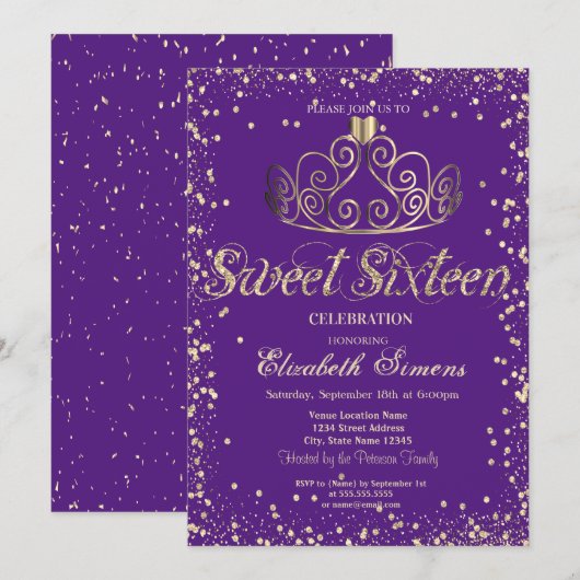 Invitation Élégant Chic Gold Tiara Diamonds Confetti Sweet 16 (Devant / Derrière)