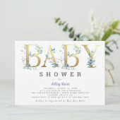 Invitation Elégant Chic Gold Turquoise Blue Flowers Baby show (Debout devant)