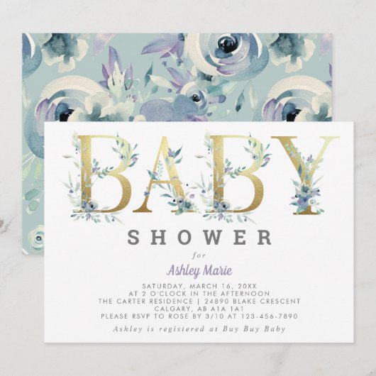 Invitation Elégant Chic Gold Turquoise Blue Flowers Baby show (Devant / Derrière)