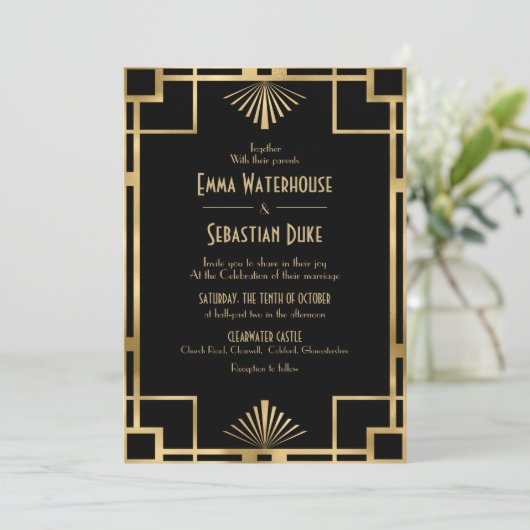Invitation Élégant chic Great Gatsby Art Déco Mariage (Debout devant)