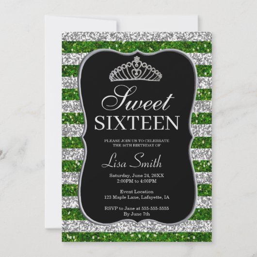Invitation Elégant Chic Green Parties scintillant en argent T (Devant)