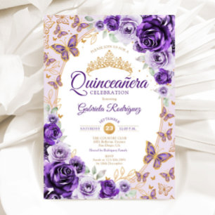 Invitation Elégant Chic Lilas Violet Or Fleur Quinceanera