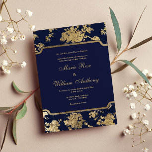 Invitation Elégant chic marine bleu faux or Mariage floral