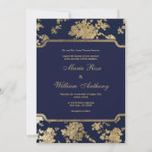 Invitation Elégant chic marine bleu faux or Mariage floral (Devant)