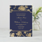 Invitation Elégant chic marine bleu faux or Mariage floral (Debout devant)