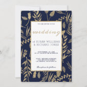 Invitation élégant chic marine bleu or fleuri Mariage (Devant)