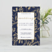 Invitation élégant chic marine bleu or fleuri Mariage (Debout devant)