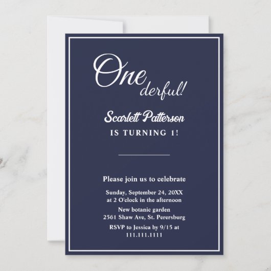 Invitation Elégant Chic Navy Bleu Blanc Minimal 1er anniversa (Devant)