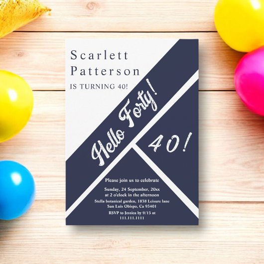 Invitation Elégant Chic Navy Bleu Blanc Moderne 40e anniversa