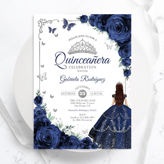 Invitation Elegant Chic Navy Blue Silver Floral Quinceanera
