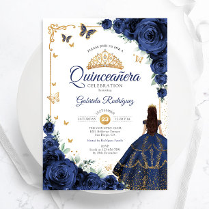 Invitation Elégant Chic Navy Roses Floral Gold Quinceanera