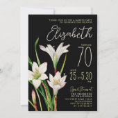 Invitation Élégant Chic noir blanc Lily 70e anniversaire Flor (Devant)