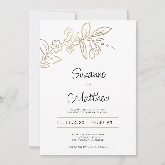 Invitation Élégant chic or blanc simple Mariage floral (Devant)