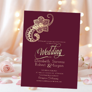 Invitation Élégant Chic Or Paon Burgundy Mariage