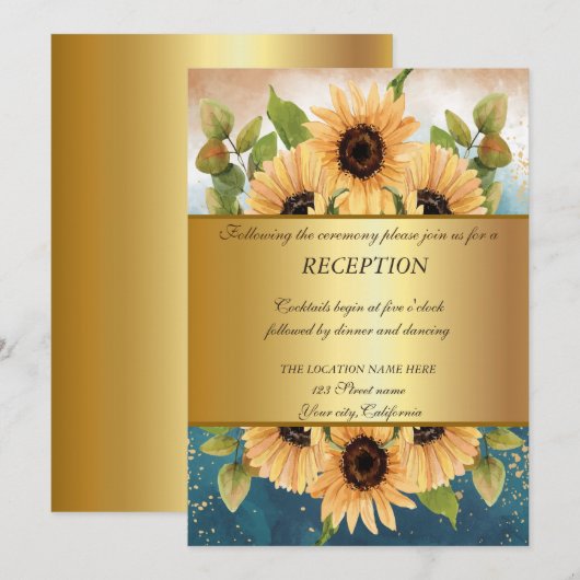 Invitation Élégant Chic Or,Réception de mariage aux tournesol (Devant / Derrière)