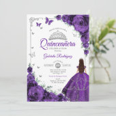Invitation Élégant Chic Purple Silver Floral Quinceanera (Debout devant)