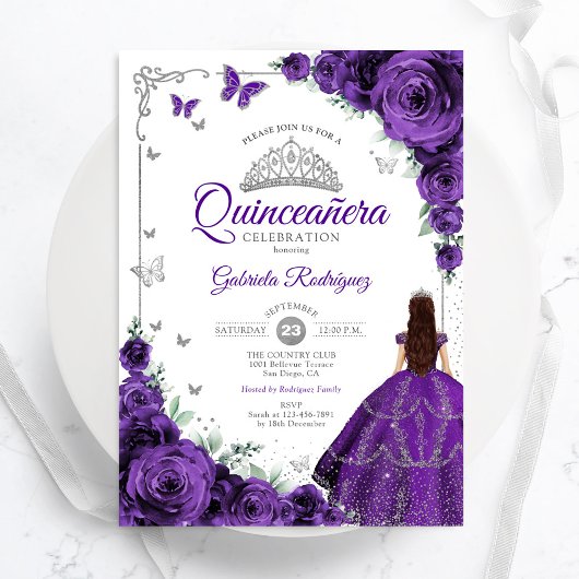 Invitation Élégant Chic Purple Silver Floral Quinceanera