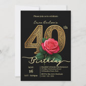 Invitation Elégant Chic Red Rose & Gold Numéro 40e anniversai (Devant)