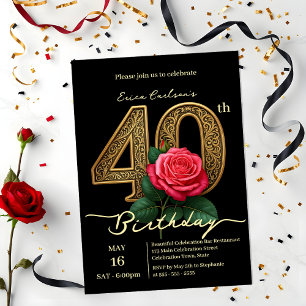 Invitation Elégant Chic Red Rose & Gold Numéro 40e anniversai
