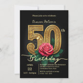 Invitation Elégant Chic Red Rose & Gold Numéro 50e anniversai (Devant)