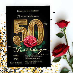 Invitation Elégant Chic Red Rose & Gold Numéro 50e anniversai