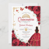 Invitation Elégant Chic Red Roses Gold Quinceanera (Devant)
