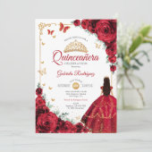Invitation Elégant Chic Red Roses Gold Quinceanera (Debout devant)