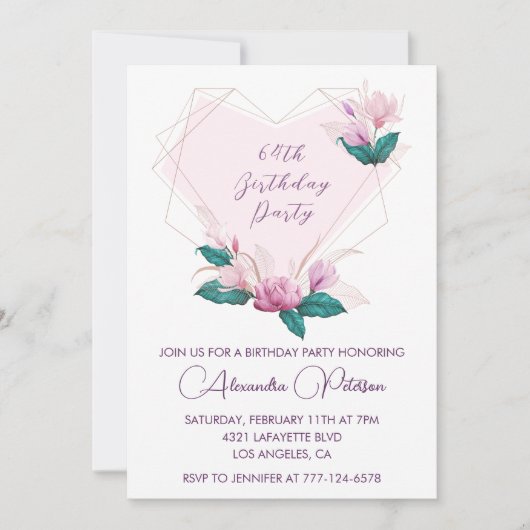 Invitation Élégant Chic rose floral 64e anniversaire (Devant)