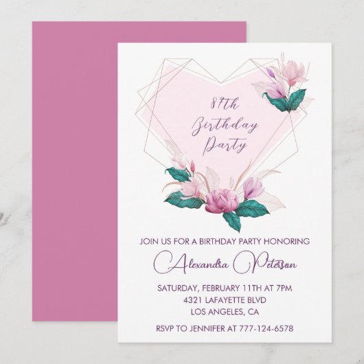 Invitation Élégant Chic Rose floral 87e anniversaire (Devant / Derrière)