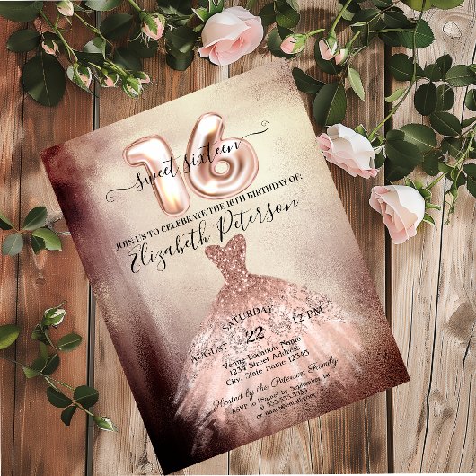 Invitation Élégant Chic Rose Gold Robe Confetti Sweet 16