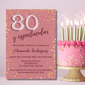 Invitation Elégant Chic Rose Pink Gold 80e anniversaire espag