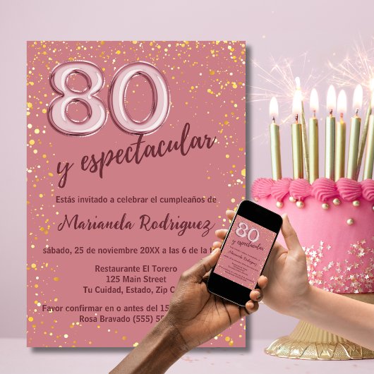 Invitation Elégant Chic Rose Pink Gold 80e anniversaire espag