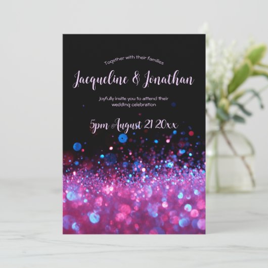 Invitation Élégant Chic Rose violet Parties scintillant noire (Debout devant)