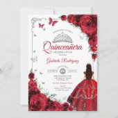 Invitation Elégant Chic Roses Rouges Argent Quinceanera (Devant)