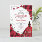 Invitation Elégant Chic Roses Rouges Argent Quinceanera (Debout devant)