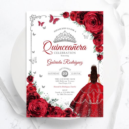 Invitation Elégant Chic Roses Rouges Argent Quinceanera