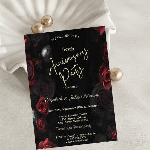 Invitation Elégant Chic Roses Rouges Noir Mariage Anniversair