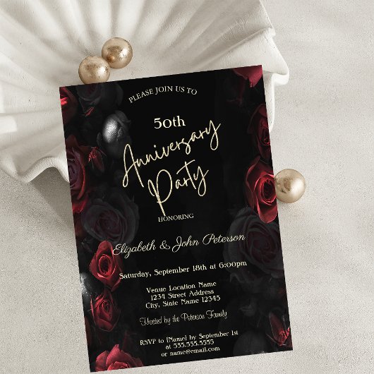 Invitation Elégant Chic Roses Rouges Noir Mariage Anniversair