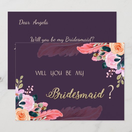 Invitation Élégant Chic Roses Violettes Plume (Devant / Derrière)