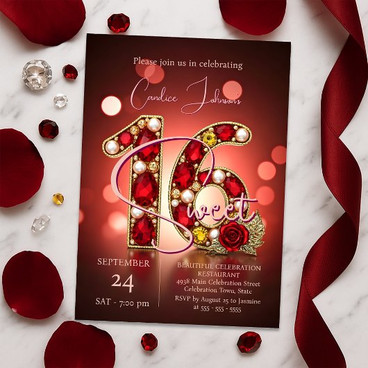 Invitation Élégant Chic Rouge Rose Or Ruby Gemstone Sweet 16