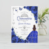 Invitation Élégant Chic Royal Blue Silver Floral Quinceanera (Debout devant)