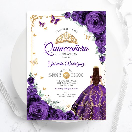 Invitation Élégant chic violet Rose or Quinceanera