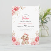 Invitation Elégant Chien & Pêche Floral Premier Anniversaire (Debout devant)